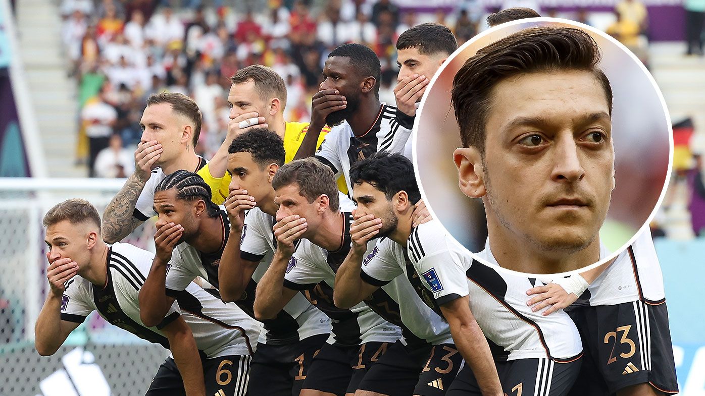 Germany&#x27;s players protest prior to the clash against Japan. Inset: Mesut Ozil pictured during his time with Germany