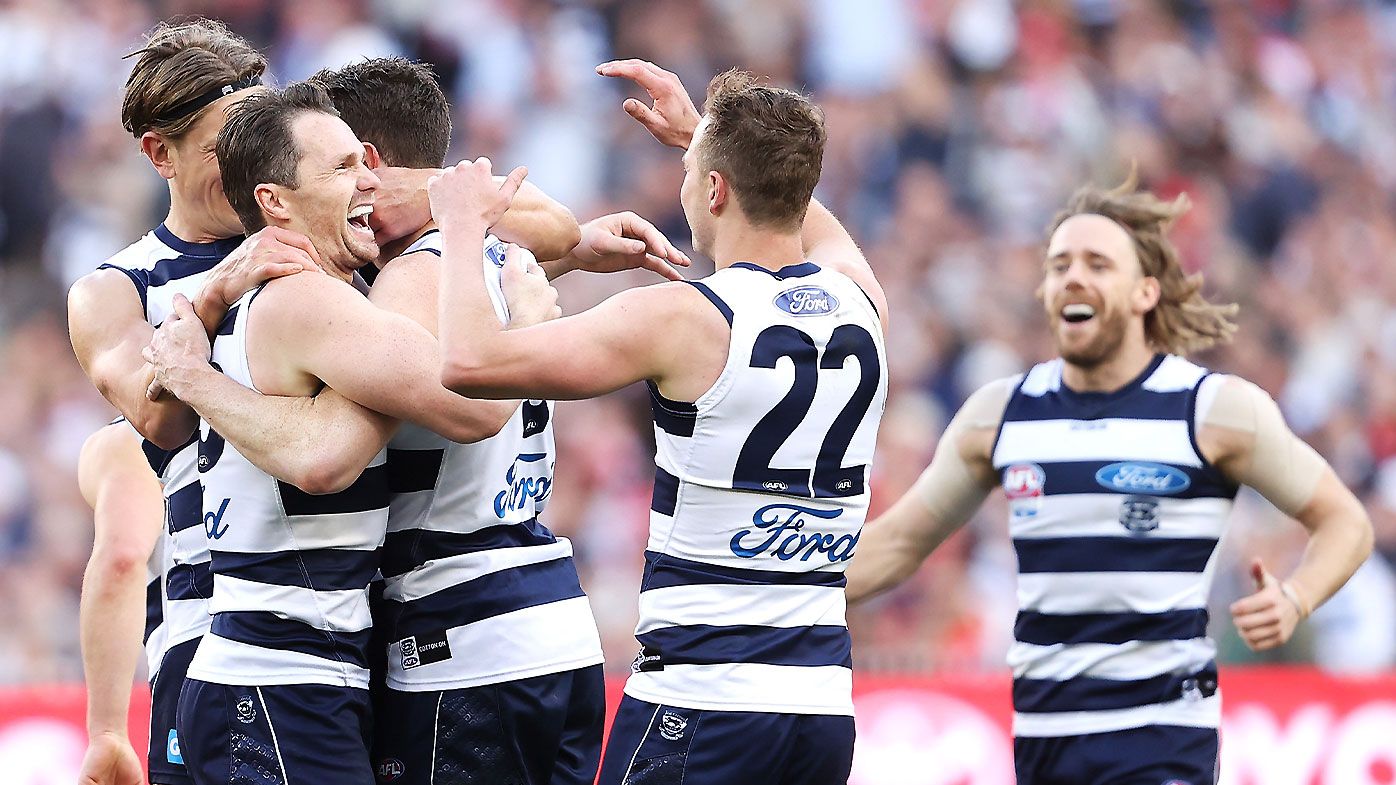 Geelong players celebrate another goal in the grand final, Patrick Dangerfield