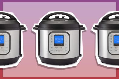 9PR: Instant Pot Duo Nova 7-in-1 Electric Multi Functional Cooker on red, purple, and pink background.