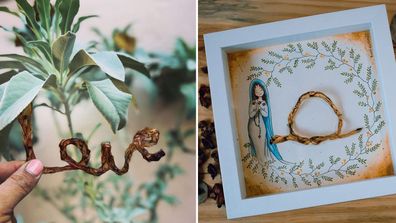 Umbilical cord art in the form of the word love and a knot in a frame. 