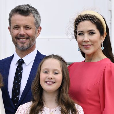 From left, Denmark's Prince Christian, Prince Vincent, Princess Isabella, Crown Prince Frederik, Princess Josephine and Crown Princess Mary pose for photographs in front of the Palace after Princess Isabella's confirmation, at Fredensborg Palace Church in Fredensborg, Denmark, Saturday April 30, 2022. (Philip Davali/Ritzau Scanpix via AP)