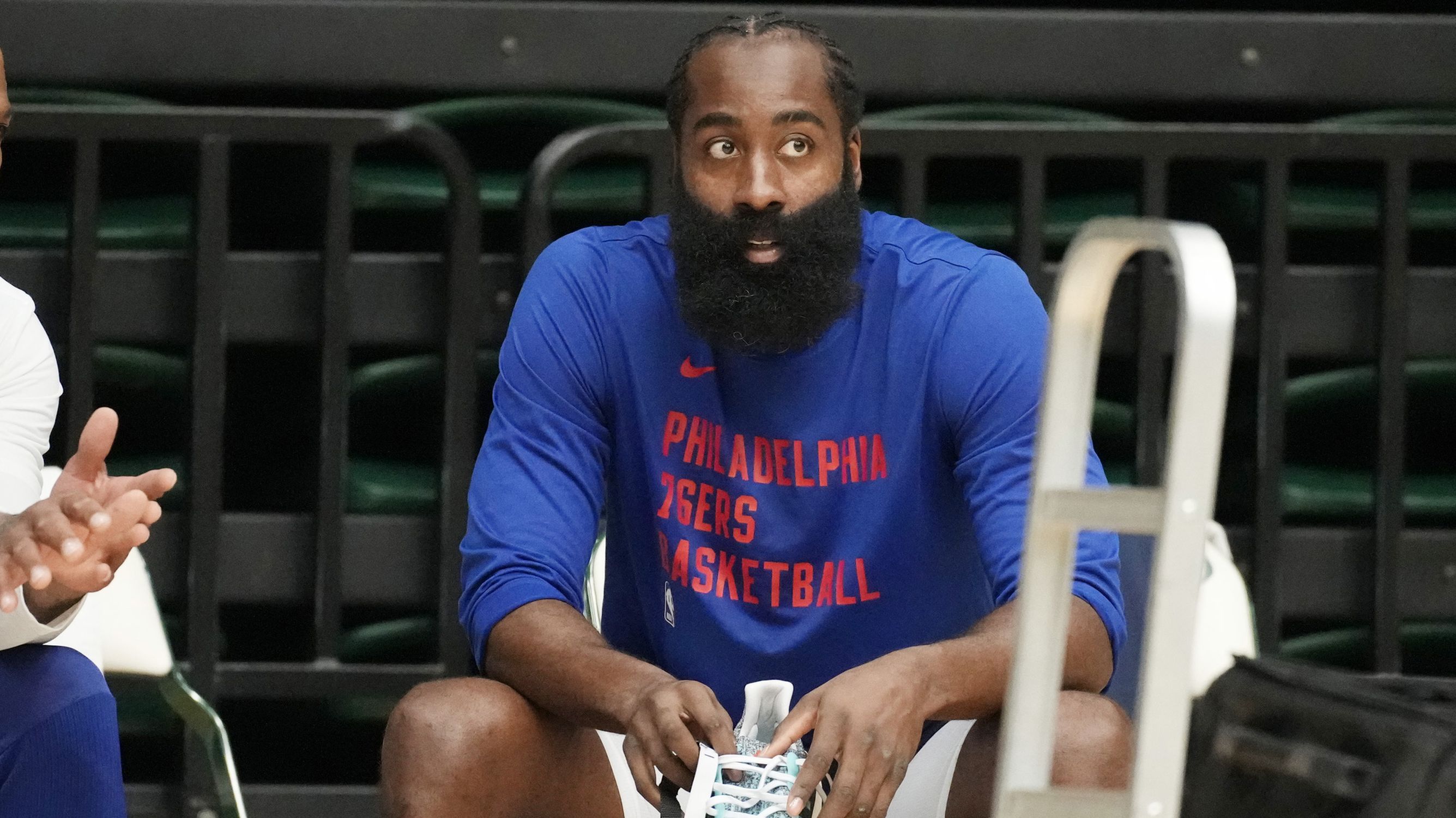 Philadelphia 76ers forward P.J. Tucker, left, chats with guard James Harden during the NBA basketball team&#x27;s practice on Thursday, Oct. 5, 2023, in Fort Collins, Colo. (AP Photo/David Zalubowski)