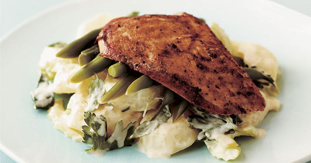 Pan-fried chicken breast on corn pancake with avocado salsa - 9Kitchen