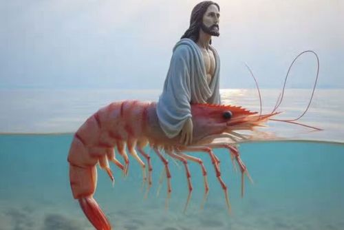 Uma imagem de Jesus Cristo com um camarão gerada por IA. 