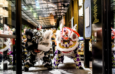 Chinese New Year celebrations featuring Lion dancers at Duck & Rice, Westfield Sydney