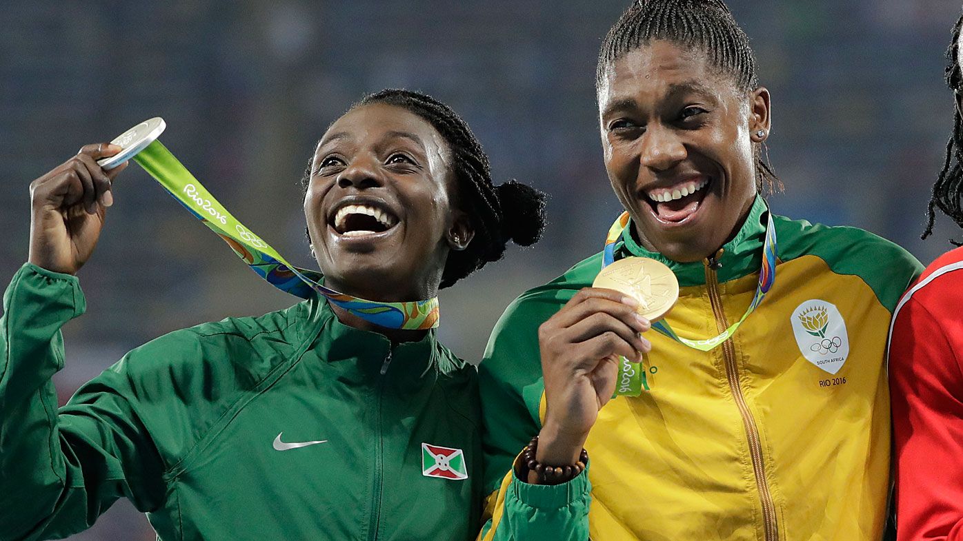 Medalist in the women's 800 meters, Burundi's Francine Niyonsaba and South Africa's Caster Semenya