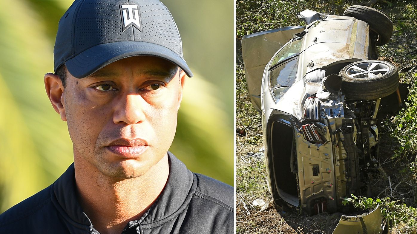Tiger Woods and right, his crashed vehicle