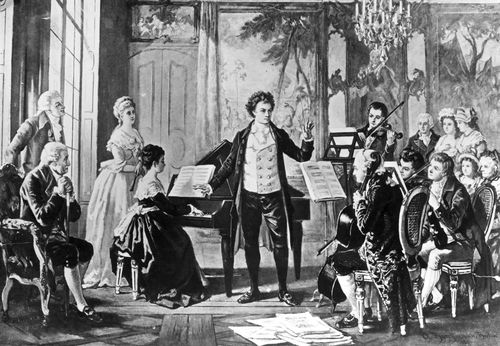 German composer Ludwig van Beethoven (1770-1827) conducting one of his three "Rasumowsky" string quartets, circa 1810. The composer was beset by health problems during his lifetime.