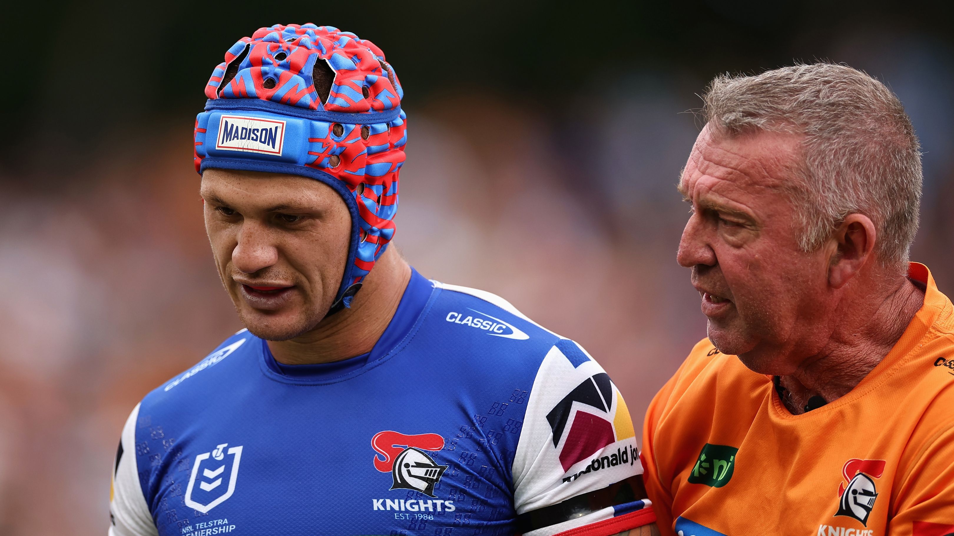 SYDNEY, AUSTRALIA - MARCH 12: Kalyn Ponga of the Knights leaves the field for an HIA during the round two NRL match between Wests Tigers and Newcastle Knights at Leichhardt Oval on March 12, 2023 in Sydney, Australia. (Photo by Cameron Spencer/Getty Images)