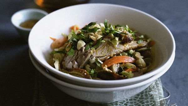 Cantonese roast duck salad with pickled daikon, carrot and celery
