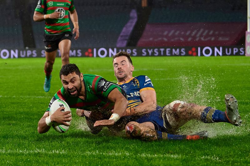 Alex Johnston of the Rabbitohs scores a try during the round 16 NRL match between the South Sydney Rabbitohs and the Parramatta Eels at Stadium Australia, on July 02, 2022, in Sydney, Australia. (Photo by Brett Hemmings/Getty Images)