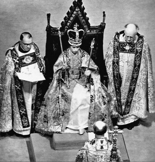 In 1953, the Coronation of Queen Elizabeth II took place at Westminster Abbey. Her Majesty is pictured during the Crowning Ceremony, seated on the Coronation Chair, wearing the St. Edward Crown and carrying the Sovereign's Sceptre and Rod.