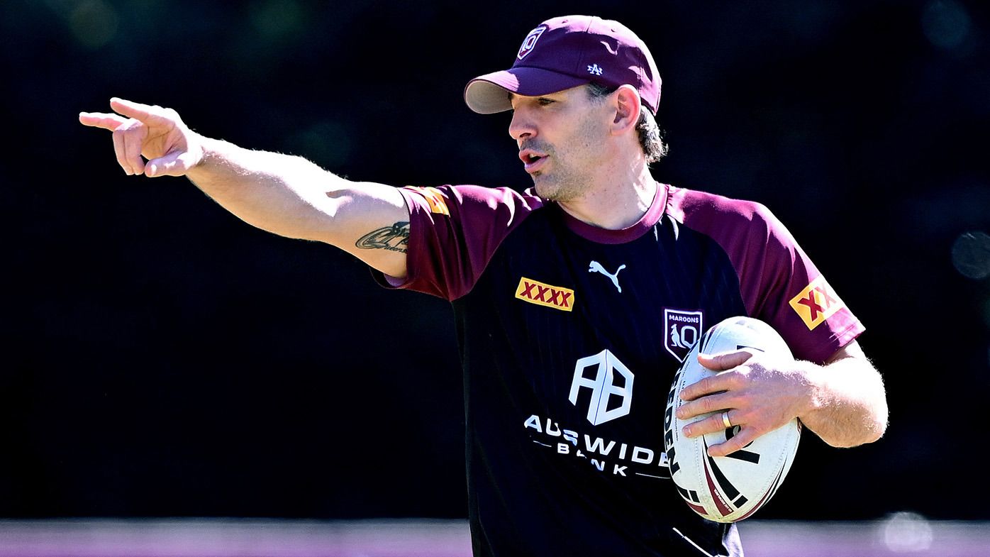 Coach Billy Slater gives directions to the players during a Queensland Maroons State of Origin training session at the Clive Berghofer Centre on June 13, 2023 in Brisbane, Australia. (Photo by Bradley Kanaris/Getty Images)