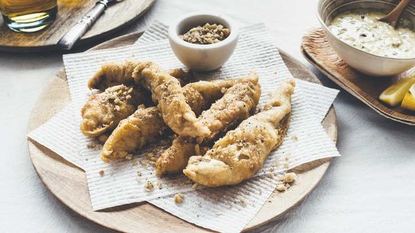Beer battered fish with macadamia salt and pepper dust