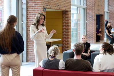 Catherine, Princess of Wales talks to students during a visit to Nottingham Trent University to learn about their mental health support system on October 11, 2023 in Nottingham, England.  