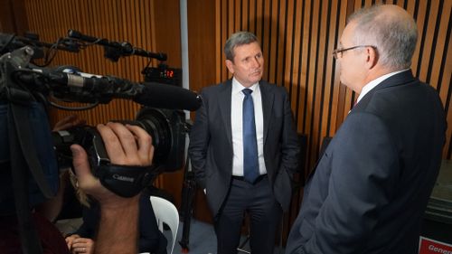 Chris Uhlmann and Scott Morrison in the Budget lock-up today. (Picture: Tim Jessop, 9NEWS)