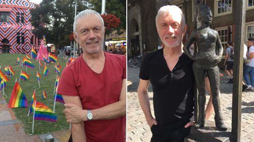 Cameron Cox at Orlando Memorial Sydney in 2016 (left) and with the "Belle" statue, honouring the sex workers of the world, in Amsterdam last year (right).
