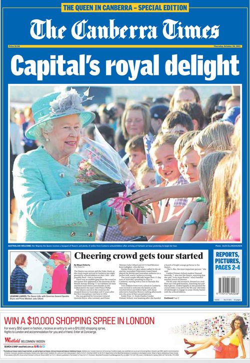 Una portada de The Canberra Times muestra a la Reina comenzando su última gira por Australia.