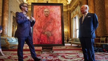 Artist Jonathan Yeo and King Charles III at the unveiling of artist Yeo&#x27;s portrait of the King, in the blue drawing room at Buckingham Palace, in London, Tuesday May 14, 2024.  