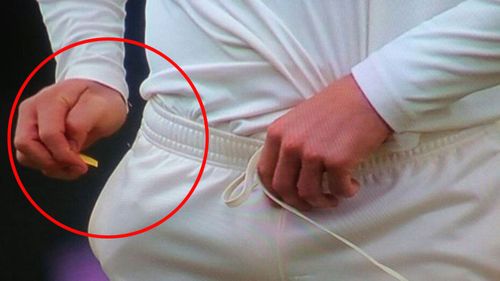 Caught in the act: The moment that condemned Cameron Bancroft as a ball-tamperer. Picture: 9NEWS