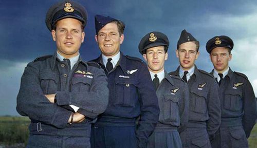 Some of the Dam Busters airmen. from left: mission leader Wing Commander Guy Gibson, Pilot Officer P M Spafford, Flight Lieutenant R E G Hutchinson, Pilot Officer G A Deering and Flying Officer H T Taerum. (Photo: AAP).