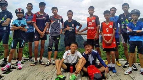 The 12 Thai boys and their coach before they went into the cave. Picture: Supplied.