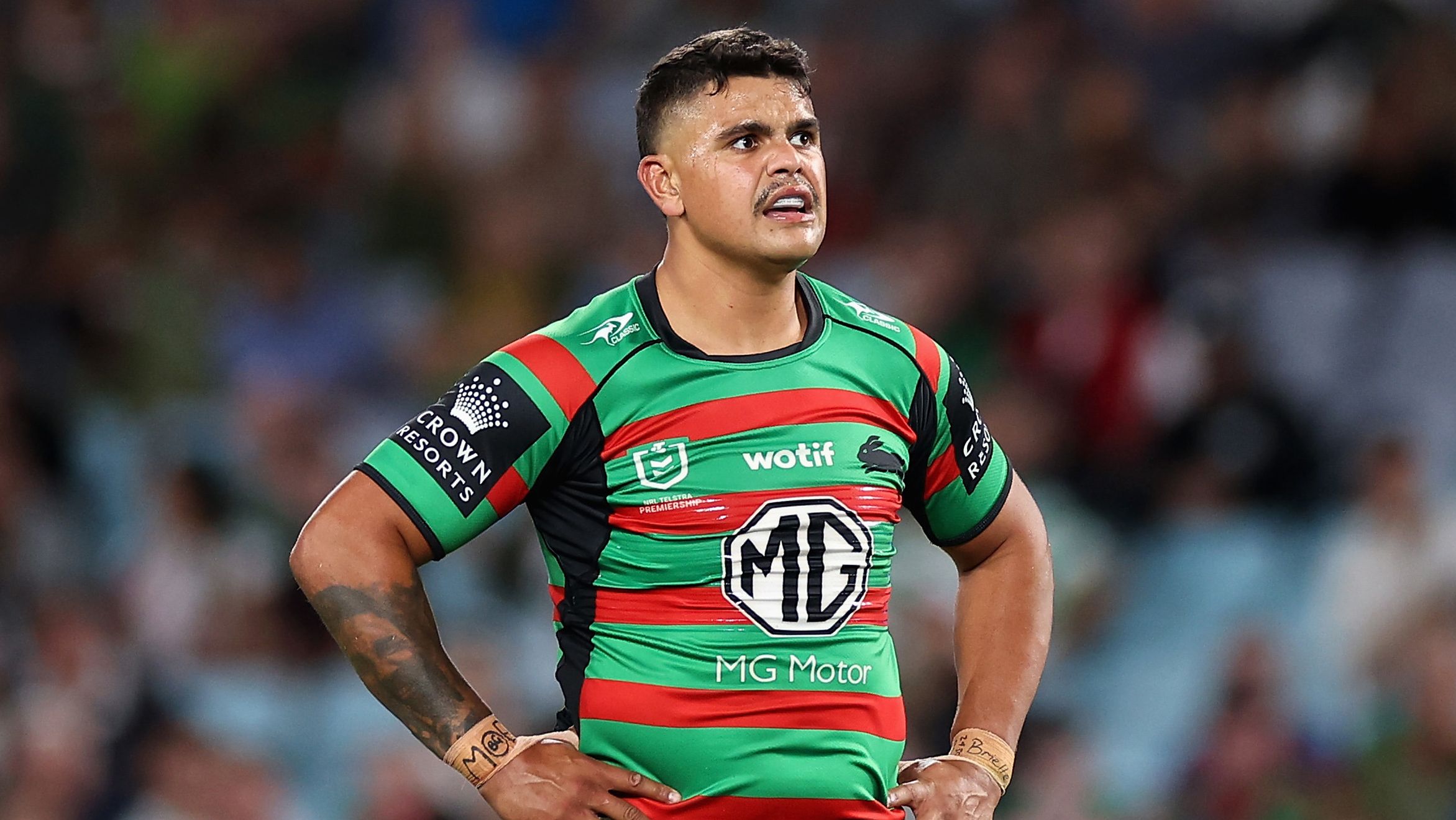 SYDNEY, AUSTRALIA - MARCH 31: Latrell Mitchell of the Rabbitohs looks on during the round five NRL match between the South Sydney Rabbitohs and Melbourne Storm at Accor Stadium on March 31, 2023 in Sydney, Australia. (Photo by Cameron Spencer/Getty Images)