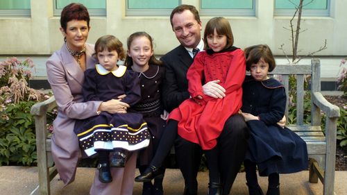 Senator Barnaby Joyce with his family at Parliament House, August 2005. L to R: Wife Natalie and daughters Odette 2, Brigette 9, Julia 7 and Caroline 5 (AAP).