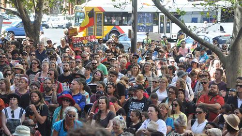 Protesters at a rally against the closure of indigenous communities on the steps of Parliament House in Adelaide. (AAP)