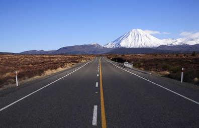 Driving up Desert Road, with majestic Mount Ngauruhoe in view.