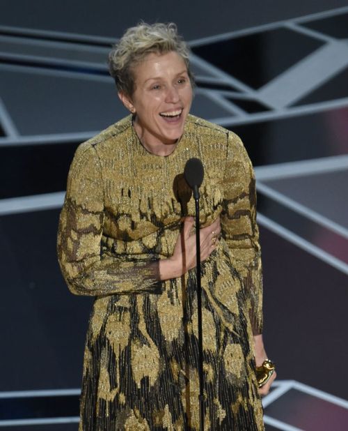 Frances McDormand accepts the Oscar for Best Actress for her role in "Three Billboards Outside Ebbing, Missouri". She urged the other female nominees in the audience to stand with her in a moment of solidarity (AAP). 