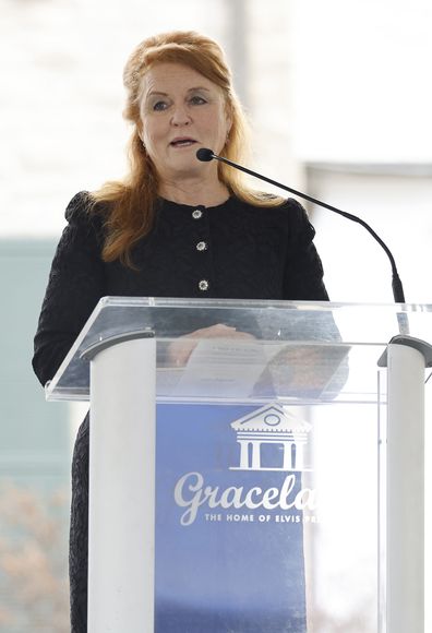 Sarah Ferguson, Duchess of York, speaks at the public memorial for Lisa Marie Presley on January 22, 2023 in Memphis, Tennessee. Presley, 54, the only child of American singer Elvis Presley, died January 12, 2023 in Los Angeles. 