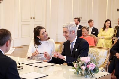 LUXEMBOURG, LUXEMBOURG - APRIL 22: Her Royal Highness Alexandra of Luxembourg & Nicolas Bagory greets the crowd as they leave after their Civil Wedding at Luxembourg City Hall on April 22, 2023 in Luxembourg, Luxembourg. (Photo by Sylvain Lefevre/Getty Images)