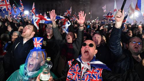 Pro Brexit supporters celebrate the UK's exit from the European Union