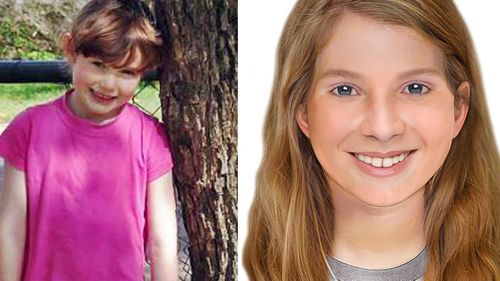 Leela McDougall then and now: An undated photo of Leela before she went missing and an age-progressed image of her released as part of International Missing Children’s Day in March. (AAP)  