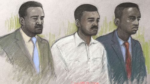 Court artist sketch by Elizabeth Cook of (left to right) Merse Dikanda, Jonathan Okigbo, and George Koh. (Photo: AAP)