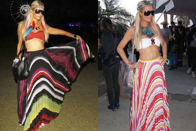 Striped maxi? Check. <br/><br/>Teeny tiny bandeau? Yep. <br/><br/>Feather extensions? Done. <br/><br/>Oversized sunnies in VIP? Paris Hilton tries so hard to be Coachella-cool.