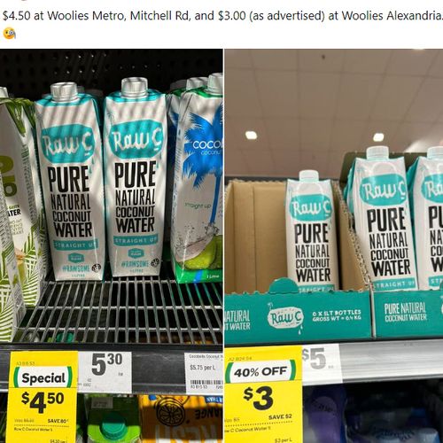 Shoppers have called out a supermarket over price differences between differed stores just minutes apart.Locals in Alexandria in Sydney's inner south noticed a $1.50 difference﻿ in upmarket coconut water between two stores.