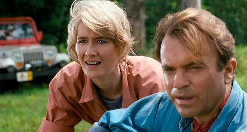 Laura Dern et Sam Neill sur le tournage de Jurassic Park en 1993.