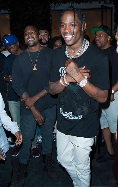 Kanye West and Travis Scott attend Travis Scott Music Video Premiere Party For "Pick Up The Phone 90210" on August 12, 2016.