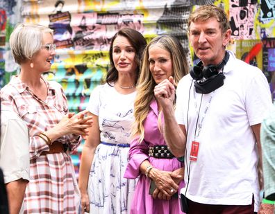 Sarah Jessica Parker, Kristin Davis, Cynthia Nixon and Michael Patrick King on the set of And Just Like That in July 2021.