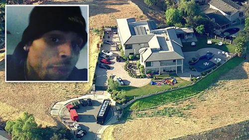 Singer Chris Brown (inset), and police outside his Los Angeles home. (Instagram / @chrisbrownofficial, and Twitter / @Breaking911)