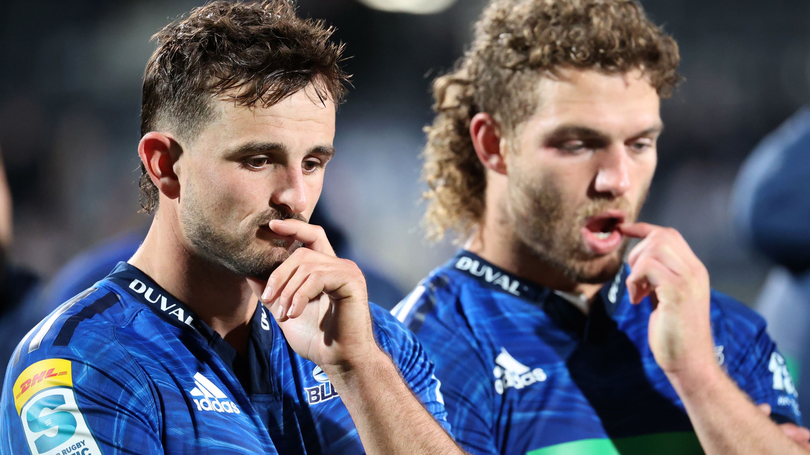 Harry Plummer (left) and Adrian Choat of the Blues react to the 50-plus point loss to the Crusaders.