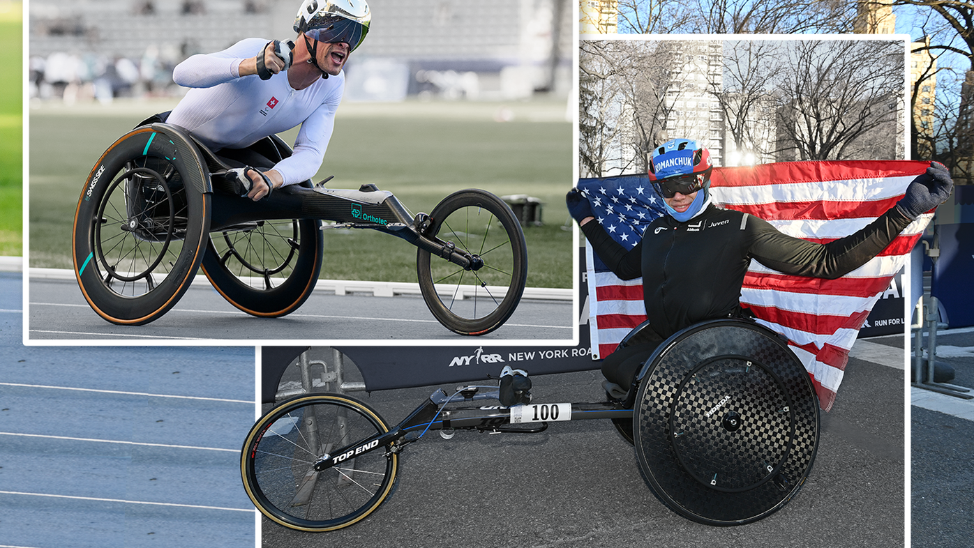 Switzerland&#x27;s Marcel Hug (left) in his Sauber OT FOXX and American Daniel Romanchuk in his far cheaper wheelchair, a Top End wheelchair with Honda wheels. Hug&#x27;s wheelchair is fully carbon and supremely aerodynamic.