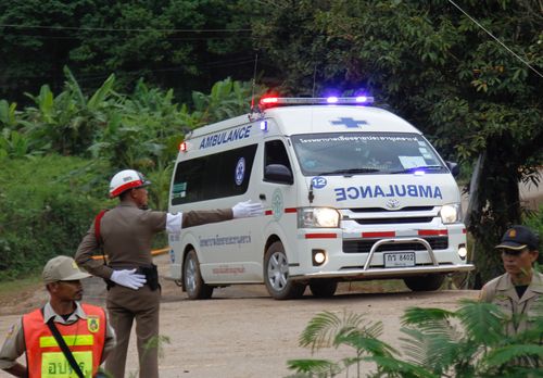  Royal Thai police ambulance evacuates a cave trapped boy to hospital after he was rescued from the Tham Luang cave overnight. Picture: EPA