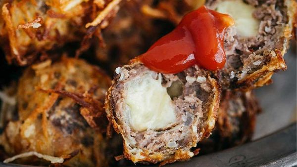 Billy Law's cheesy beef meatball popper in crunchy potato nests recipe