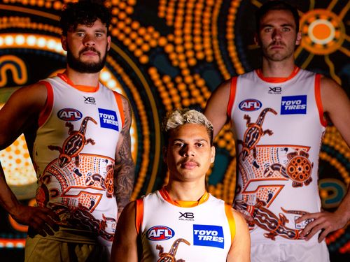 Zac Williams (left), Ian 'Bobby' Hill (centre), Jeremy Finlayson (right) wearing the 2020 Sir Doug Nicholls Indigenous Round jersey for GWS. The jersey represents each of the boys' individual totems, as well as Bobby's 'Giant' journey. 