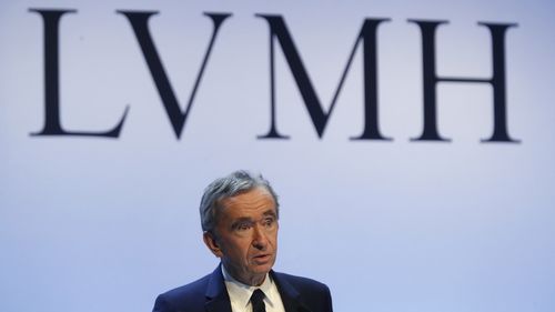 FILE - In this Jan. 28, 2020 file photo, CEO of LVMH Bernard Arnault presents the group's 2019 results during a press conference, in Paris. Arnault and Tods founder Diego Dalle Valle are further cementing their 20-year friendship with a deal for the French group to increase its stake in the Italian luxury goods maker. Shares in the Italian luxury fashion group Tods jumped by more than 10%, to 39.02 euros, Friday on news of the 75-million-euro deal. (AP Photo/Thibault Camus, File)