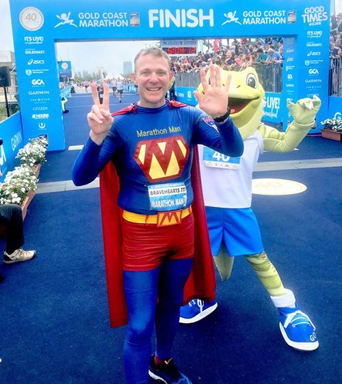 Morrow, who has branded his own 'Marathon Man' superhero character, is now looking to back up from his super-week of races by completing three more in three consecutive days in Cairns. Picture: Supplied.