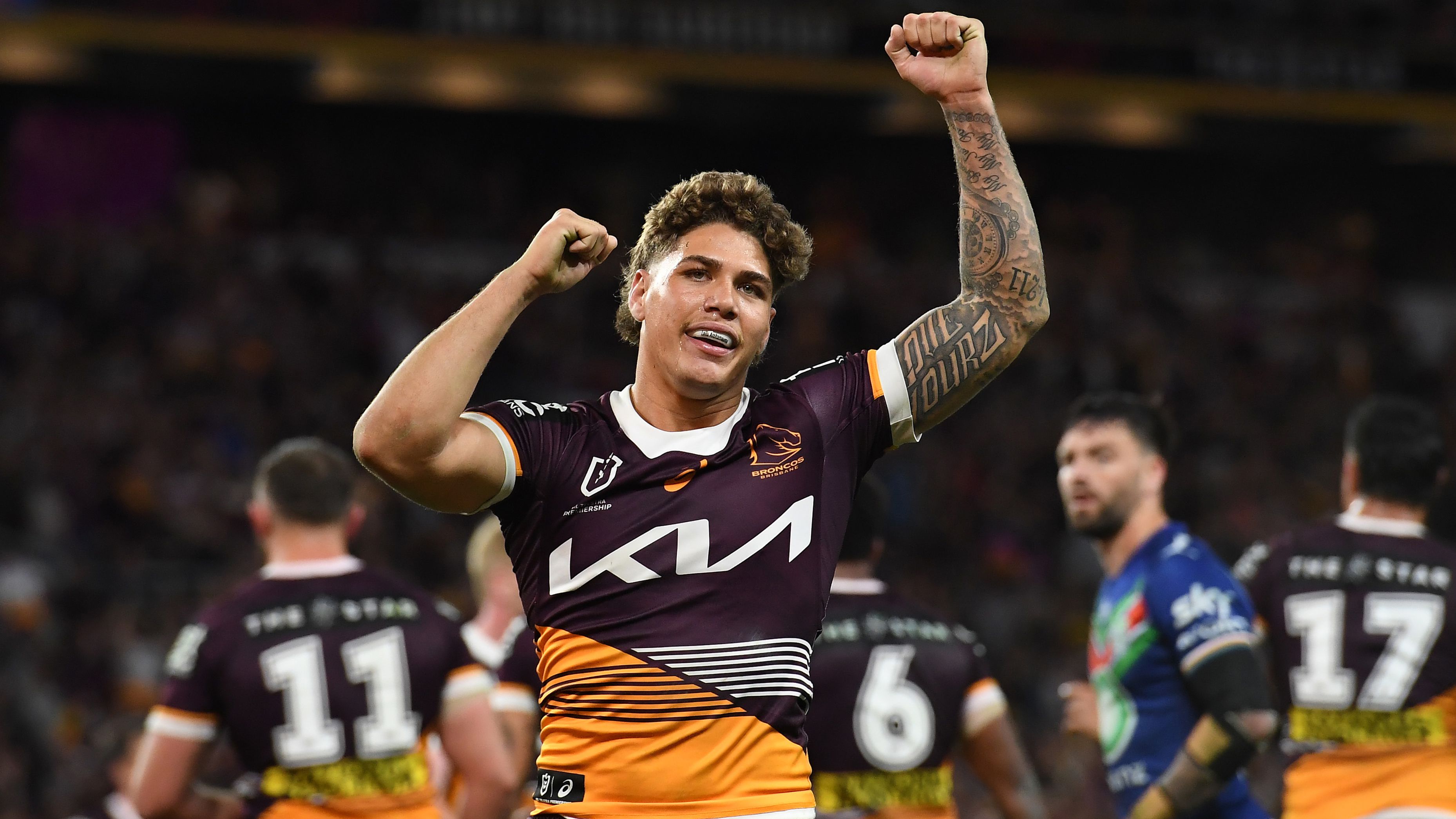 Reece Walsh of the Broncos celebrates after a Broncos try during the NRL Preliminary Final match between Brisbane Broncos and New Zealand Warriors at Suncorp Stadium on September 23, 2023 in Brisbane, Australia. (Photo by Albert Perez/Getty Images)